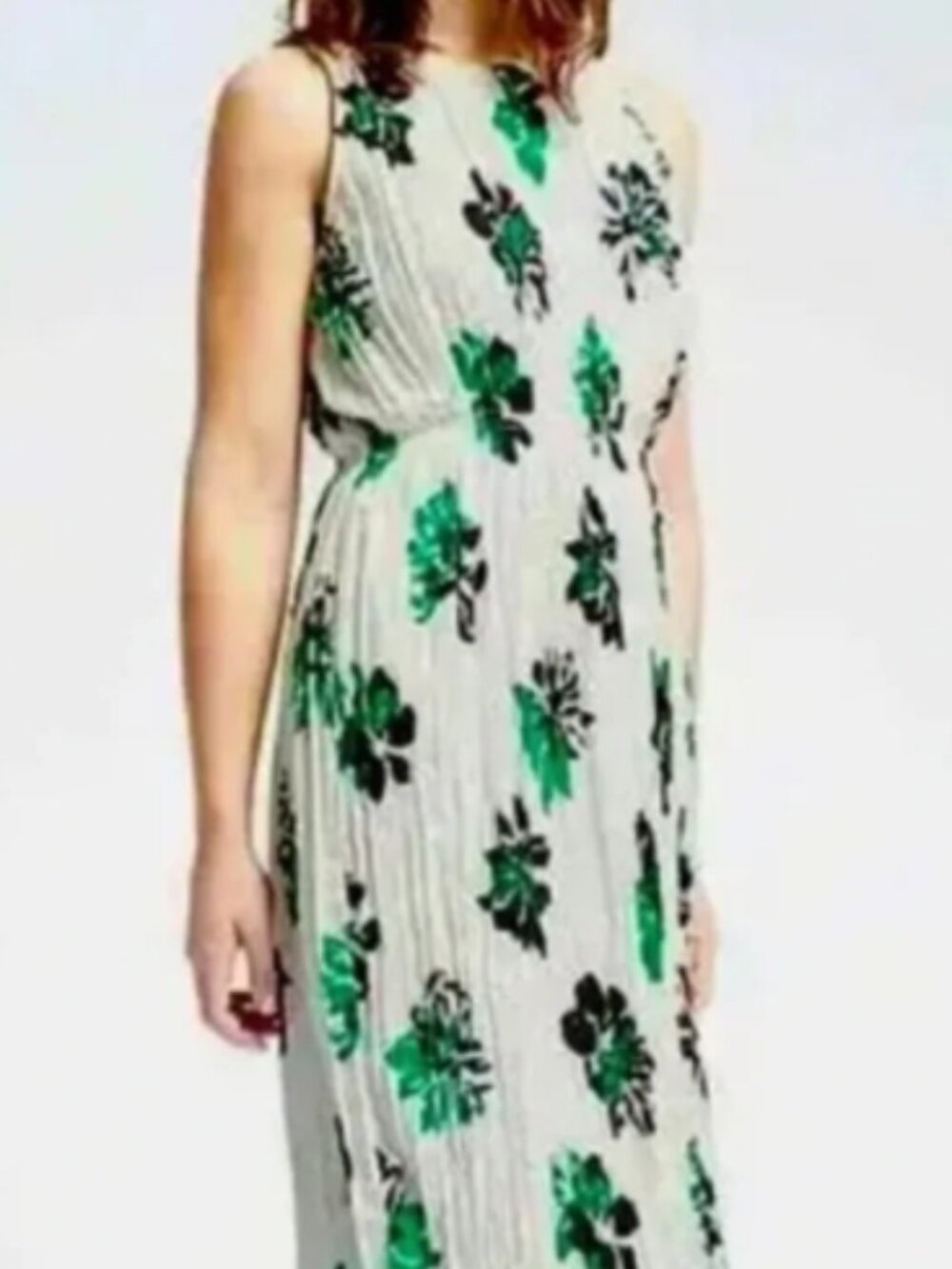 Banana Republic White Pleated Maxi Dress w/ Green & Black Floral Print - XS NEW